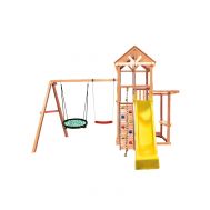 Спортивно-игровой комплекс Kampfer Cool Castle (№1 Натуральный горка желтая и зеленое гнездо и качели гибкие красные), фото 1