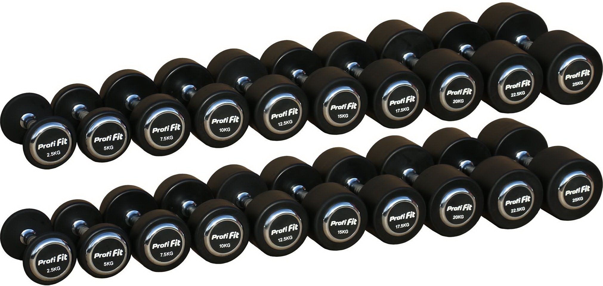 Гантельный ряд 2,5 кг - 25 кг (10 пар), шаг 2,5 кг, PROFI-FIT PROFESSIONAL