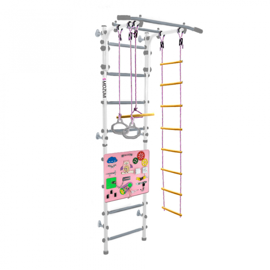 Детская шведская стенка Midzumi Banji Kabe Busyboard (снежный барс и бизиборд розовый)