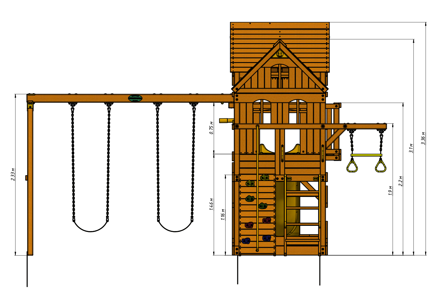Детский деревянный игровой комплекс ПАНОРАМА с двухуровневым домиком