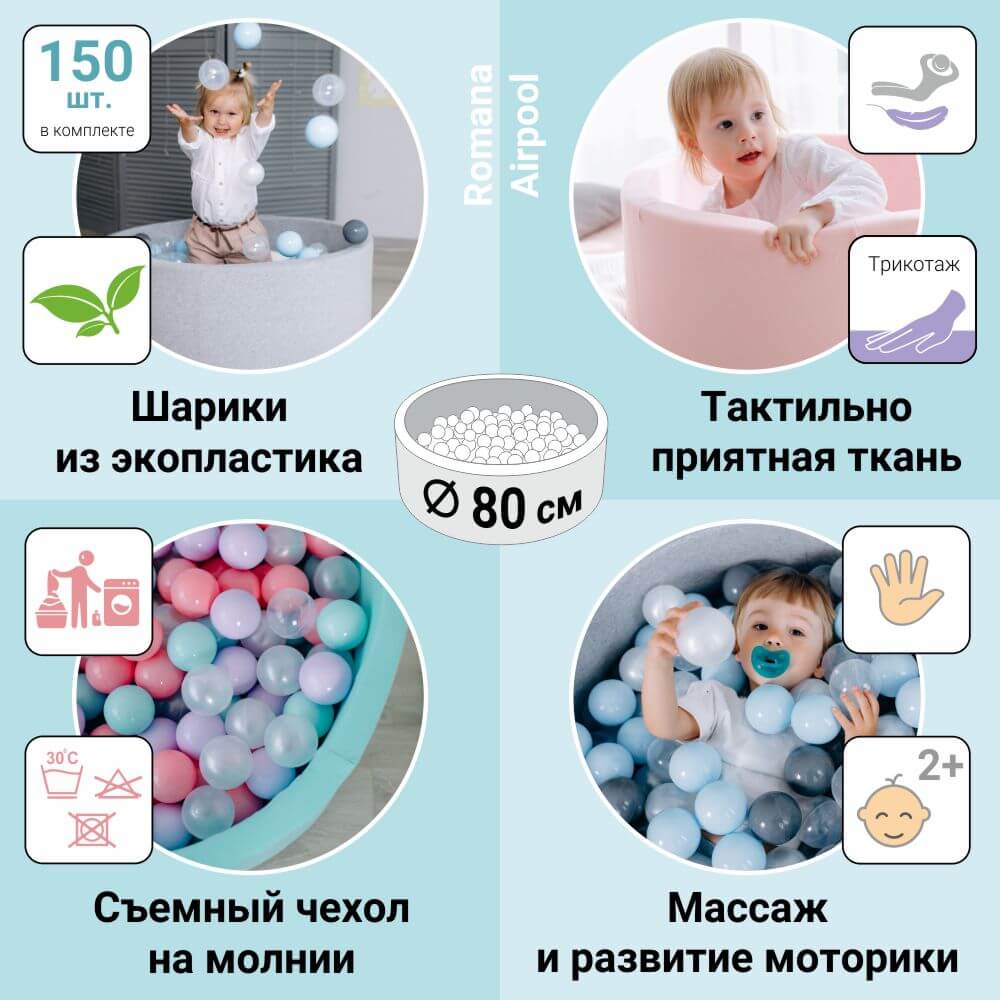 Сухой бассейн AIRPOOL Romana ДМФ-МК-02.53.01 (бирюзовый с розовыми шариками, 150 шт.)