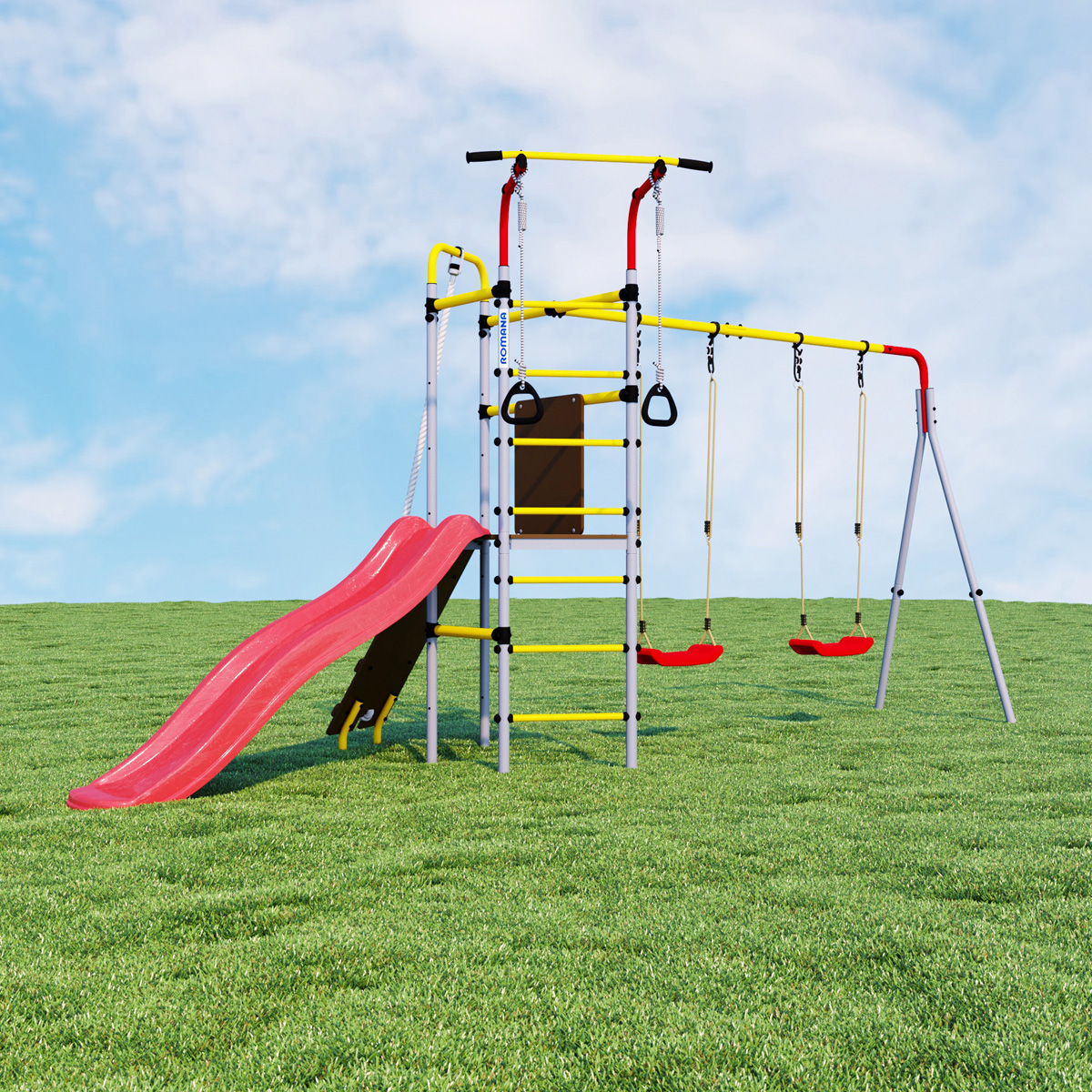 Детский спортивный комплекс для дачи Romana R.103.09.04 + 1.D-26.01 + 1.D-26.01 Островок Плюс (пластиковые качели)