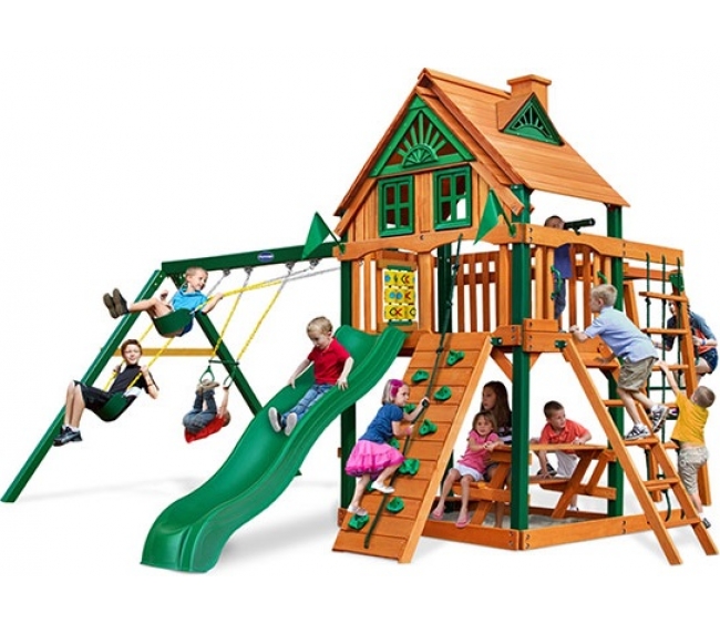 Детская деревянная игровая площадка РАССВЕТ ТРИХАУЗ С РУКОХОДОМ