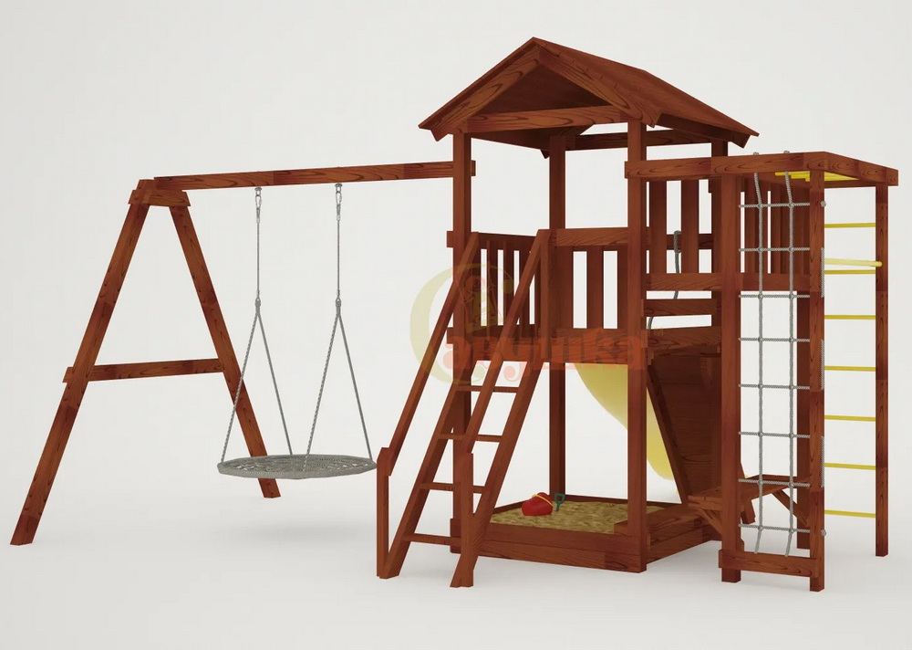 Детская площадка Мастер 3 с качелями Гнездо 1 метр (Махагон)