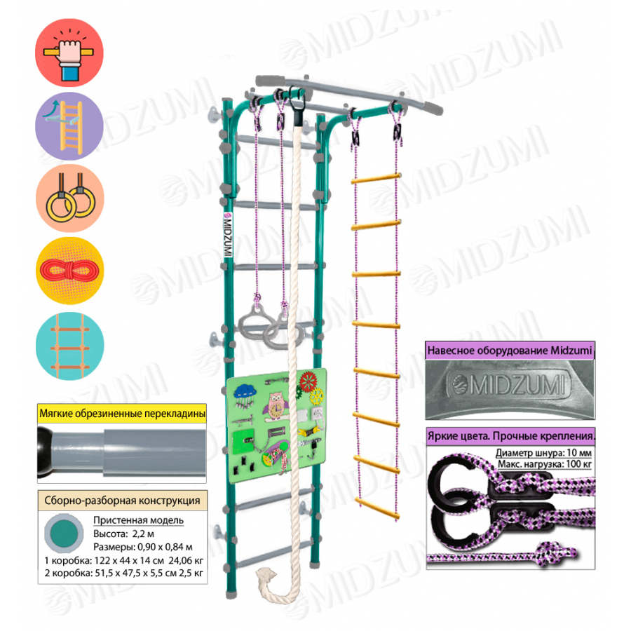 Детская шведская стенка Midzumi Niji Kabe Busyboard (ментоловый сорбет и бизиборд салатовый)