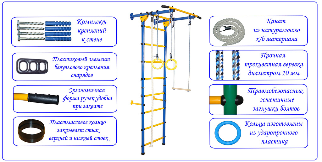 Детский спортивный комплекс ЮНЫЙ АТЛЕТ модель Пристенный-Лайт синий/жёлтый