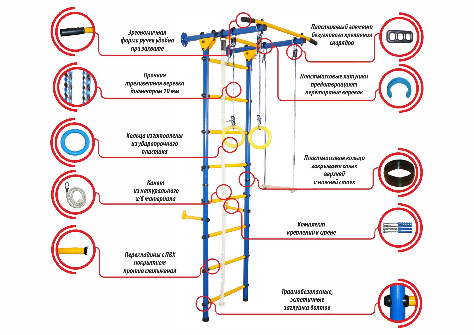 Детский спортивный комплекс ЮНЫЙ АТЛЕТ модель Пристенный-Лайт красно/жёлтый