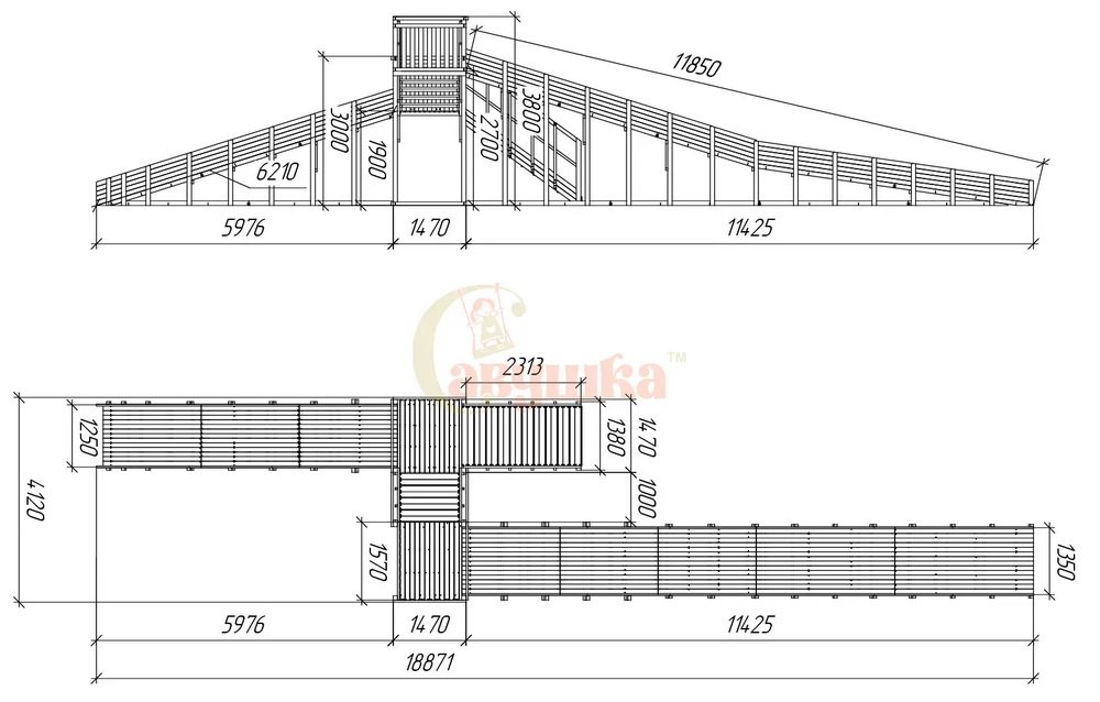 Зимняя горка Савушка ЗИМА WOOD-9/1 (скаты 6 и 12 м, разносторонний)