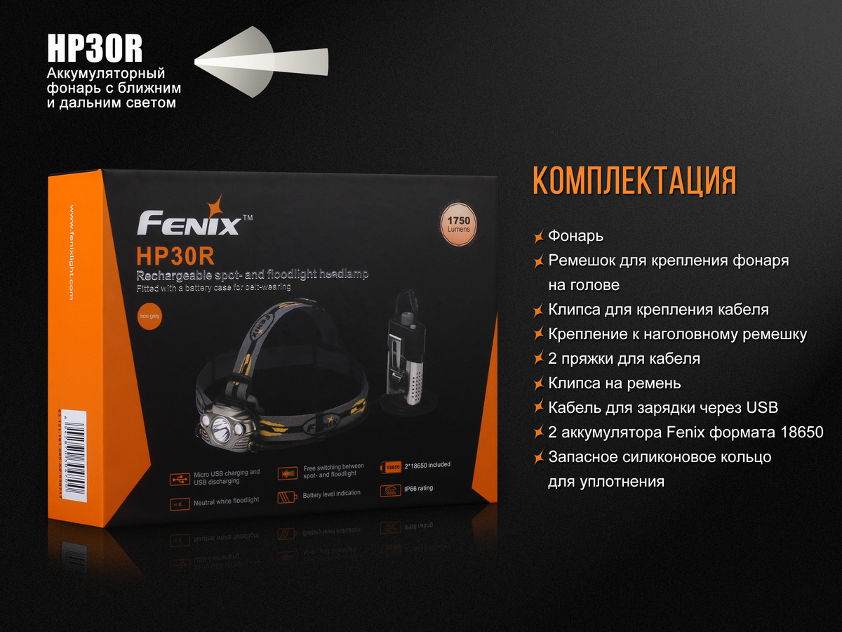 Налобный фонарь Fenix HP30R, черный
