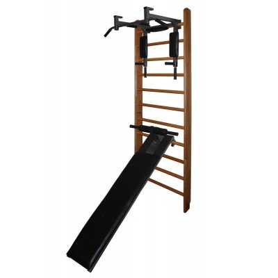 Шведская стенка Бук Стандарт с турником-брусьями П и доской для пресса с валиками для ног