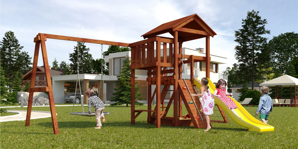 Детская площадка Савушка Мастер 2 с качелями Гнездо 1 метр (Махагон)