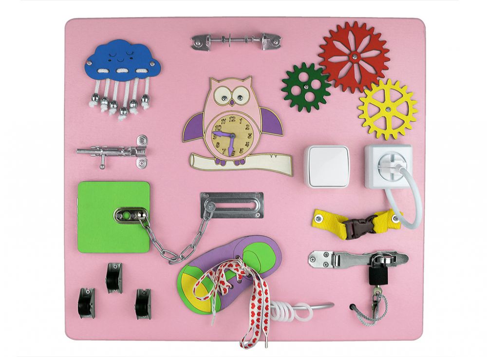 Детская шведская стенка Midzumi Niji Kabe Busyboard (снежный барс и бизиборд розовый)