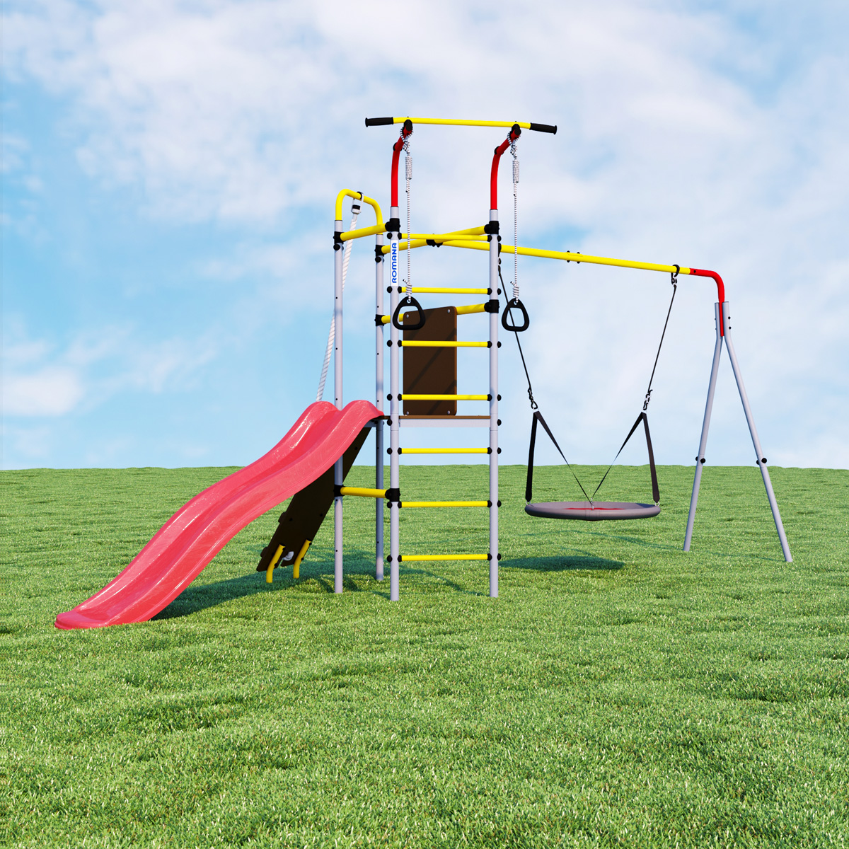 Детский спортивный комплекс для дачи Romana R.103.09.04 + 1.D-26.03 Островок Плюс (качели гнездо)