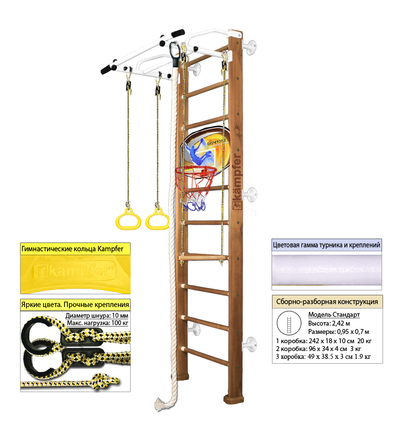 Шведская стенка Kampfer Helena Wall Basketball Shield (№2 Ореховый Высота 3 м белый антик турник)