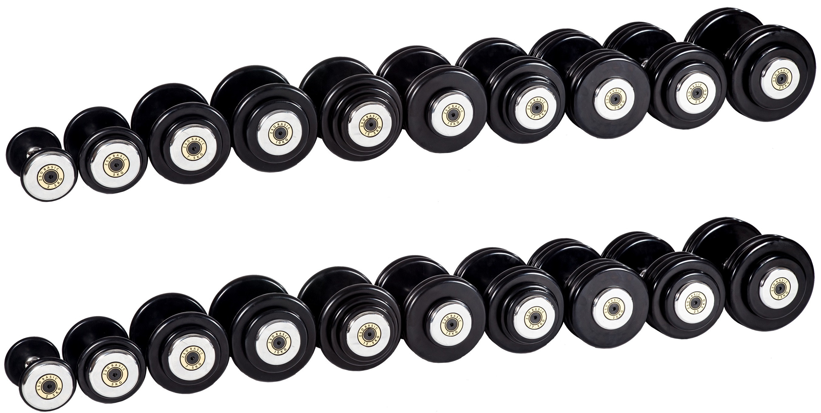 Гантельный ряд 2,5 кг - 25 кг (10 пар), шаг 2,5 кг, BASIC