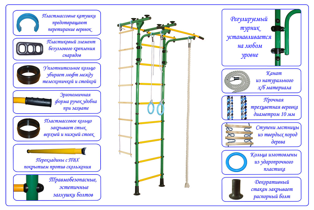 Детский спортивный комплекс ЮНЫЙ АТЛЕТ модель Пол-потолок-Т зелёно/жёлтый