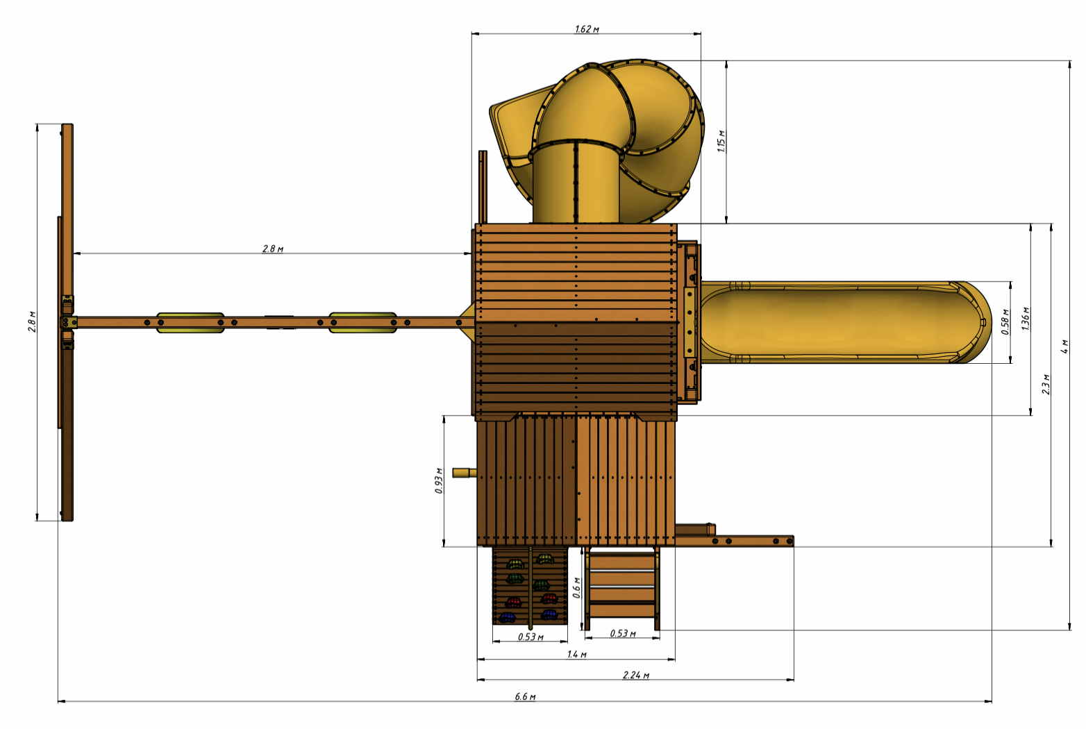Детский деревянный игровой комплекс ПАНОРАМА с винтовой трубой и спуском