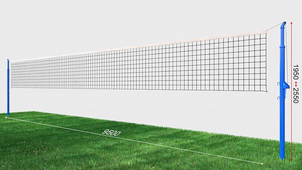 Сетка волейбольная, нить D=2,6 мм, стальной трос D=3 мм с телескопическими стойками (03.503)