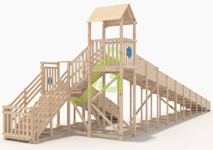 Зимняя деревянная горка IgraGrad Snow Fox 12 м с двумя скатами, без окраски