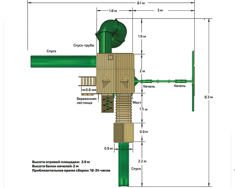 Детская деревянная игровая площадка ГОРЕЦ 3 с двухуровневым фортом