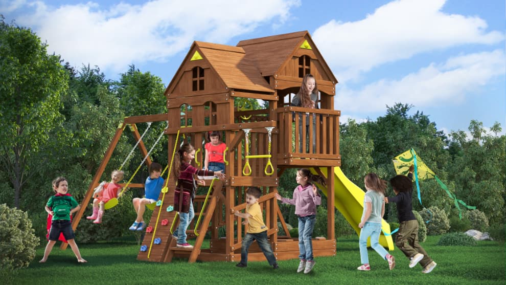 Детский деревянный игровой комплекс ПАНОРАМА с двухуровневым домиком