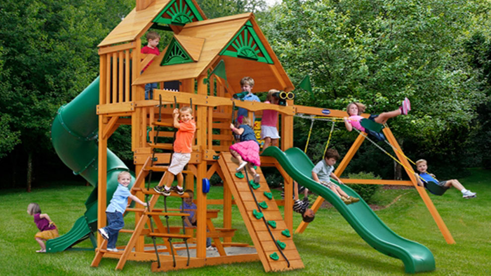 Детская деревянная игровая площадка ГОРЕЦ с высоким двухуровневым фортом