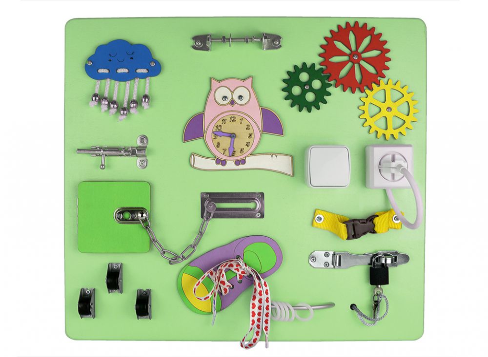 Детская шведская стенка Midzumi Hoshi Kabe Busyboard (лимонный пай и бизиборд салатовый)